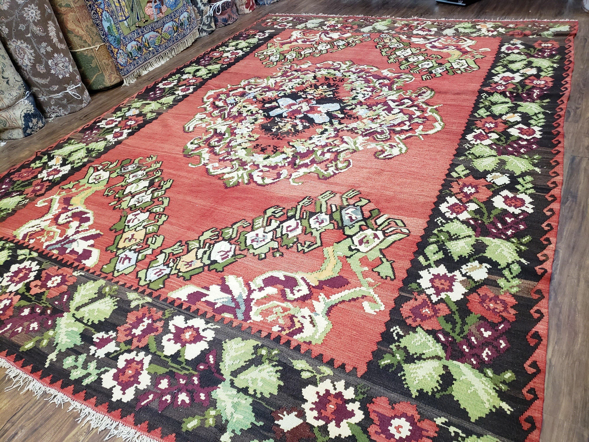 Karabakh Rug 8x11, Caucasian Kilim Rug, Vintage Antique Turkish Anatolian Azerbaijani Carpet, Wool Red & Black Hand-Woven 8 x 11 Living Room by Jewel Rugs