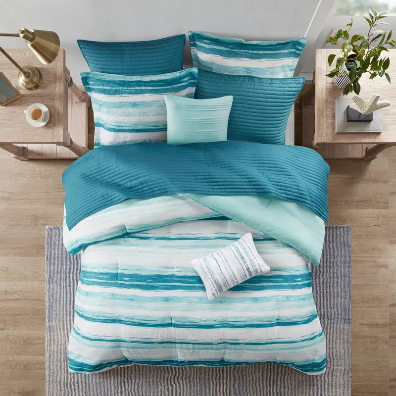 8 Piece Printed Seersucker Comforter and Quilt Set Collection Aqua King/Cal King by HouseOfZazla