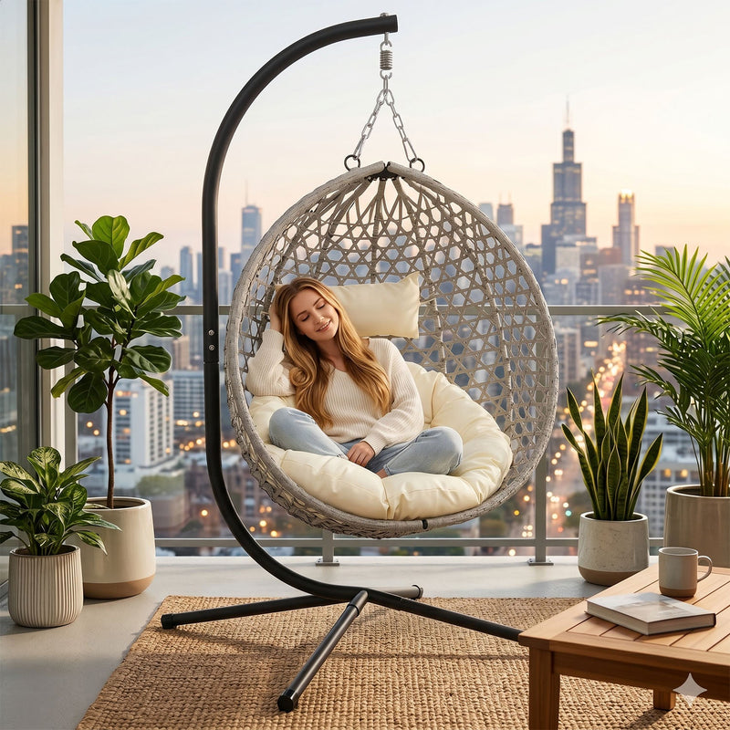 Folding PE Rattan Hanging Egg Chair with Stand by HouseOfZazla