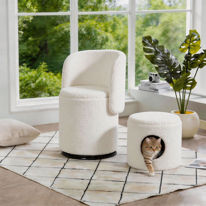 Barrel Chair & Built In Storage, 360° Swivel - Beige by HouseOfZazla