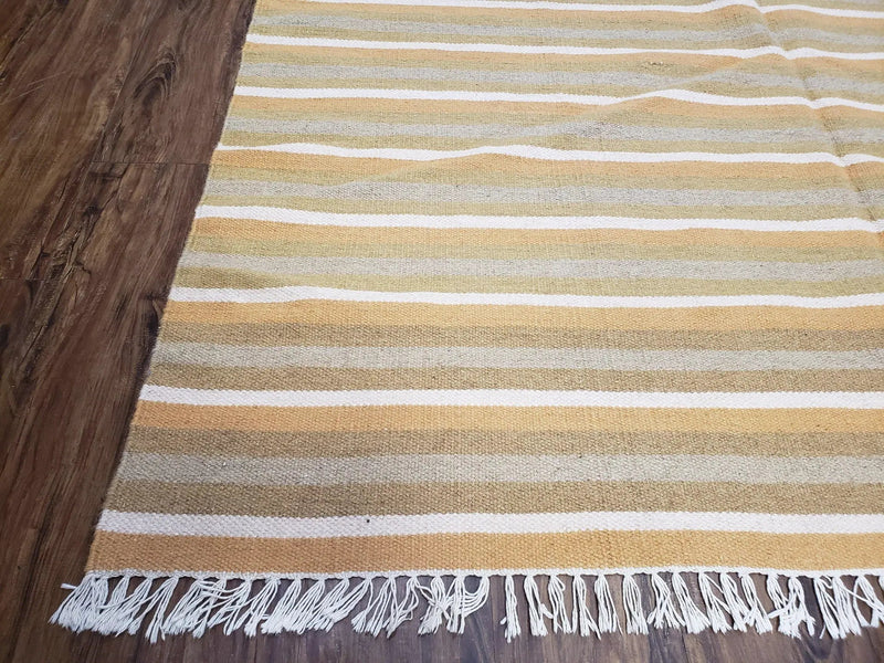 New Indian Kilim Area Rug, 6x8 - 7x8 South American Style Blanket, Striped Indian Wool Hand-Woven Flat Weave 6x9 Bedroom Rug, Ivory Ochre by Jewel Rugs
