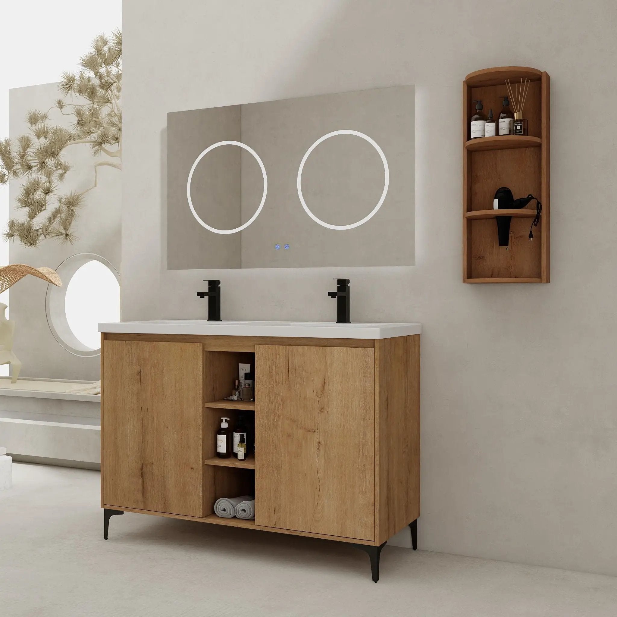 Elegant 48" Freestanding Bathroom Vanity With Double Resin Sink And Storage Rack Soft Close Doors - Imitative Oak by Unique Piece Furniture
