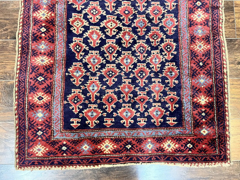 Turkish Sparta Rug 3x4, Allover Pattern, Navy Blue and Red, Antique Ispara Oriental Carpet 3 x 4, Small Turkish Handmade Vintage Wool Rug by Jewel Rugs