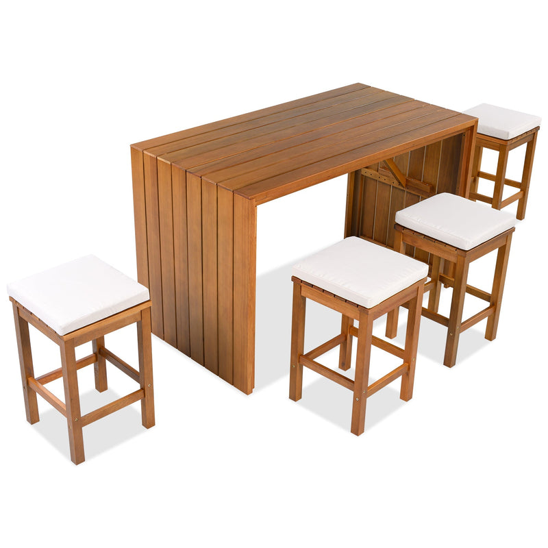 5 Piece Outdoor Bar Set with Acacia Wood Table & Cushioned Stools by HouseOfZazla