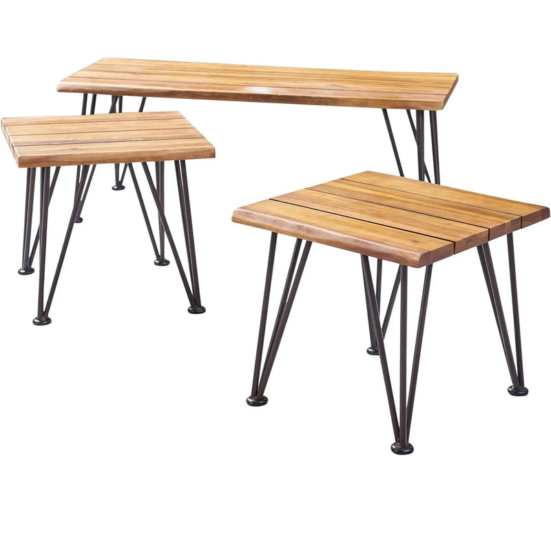 Zion Outdoor Industrial Iron Coffee Table and 2 Side Tables - Teak by HouseOfZazla