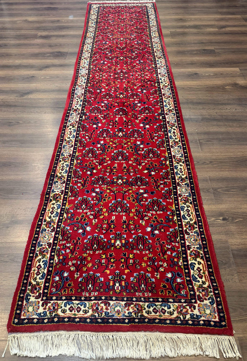 Indo Persian Sarouk Runner Rug 3 x 12, Red and Cream, Allover Pattern, 12ft Runner, Hand Knotted by Jewel Rugs