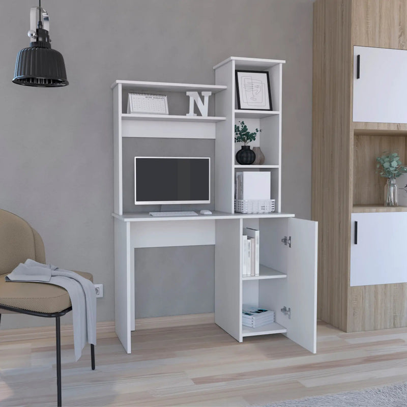 Carson Computer Desk with Hutch, Single Door Cabinet, and Shelves by HouseOfZazla
