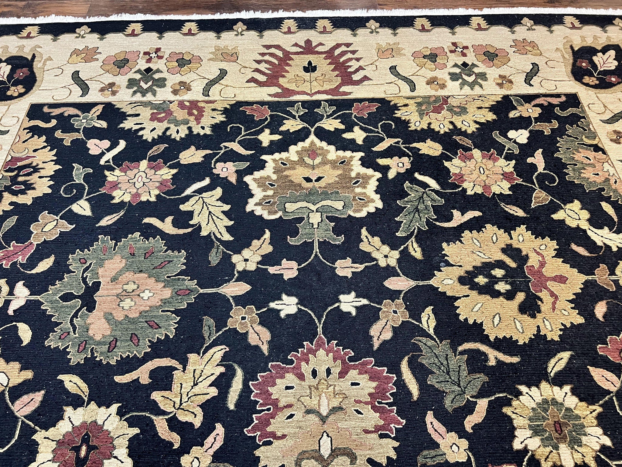 Indo Persian Rug 10x14, Wool Handmade Room Sized Floral Oriental Carpet, Indian Mahal Flatweave Rug, Black Beige by Jewel Rugs