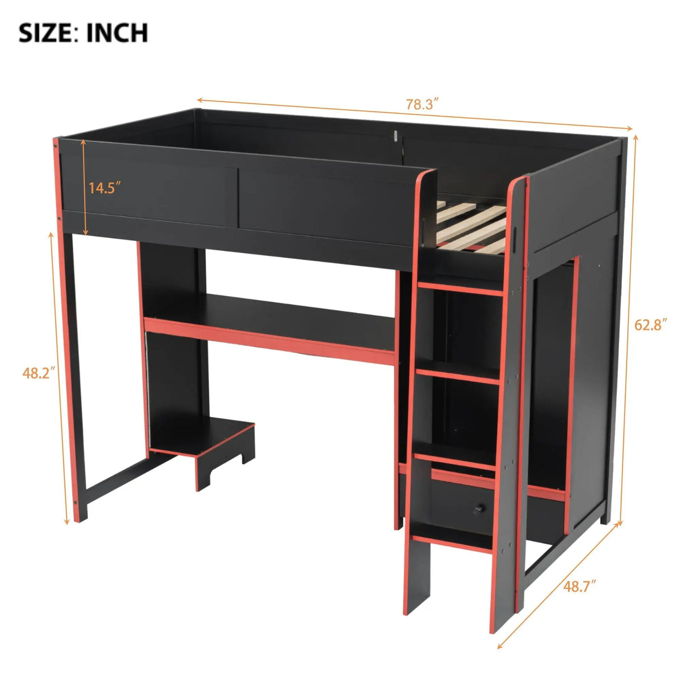 Gaming Loft Bed With Built In Desk, Wardrobe, LED Lighting And Drawer by Unique Piece Furniture