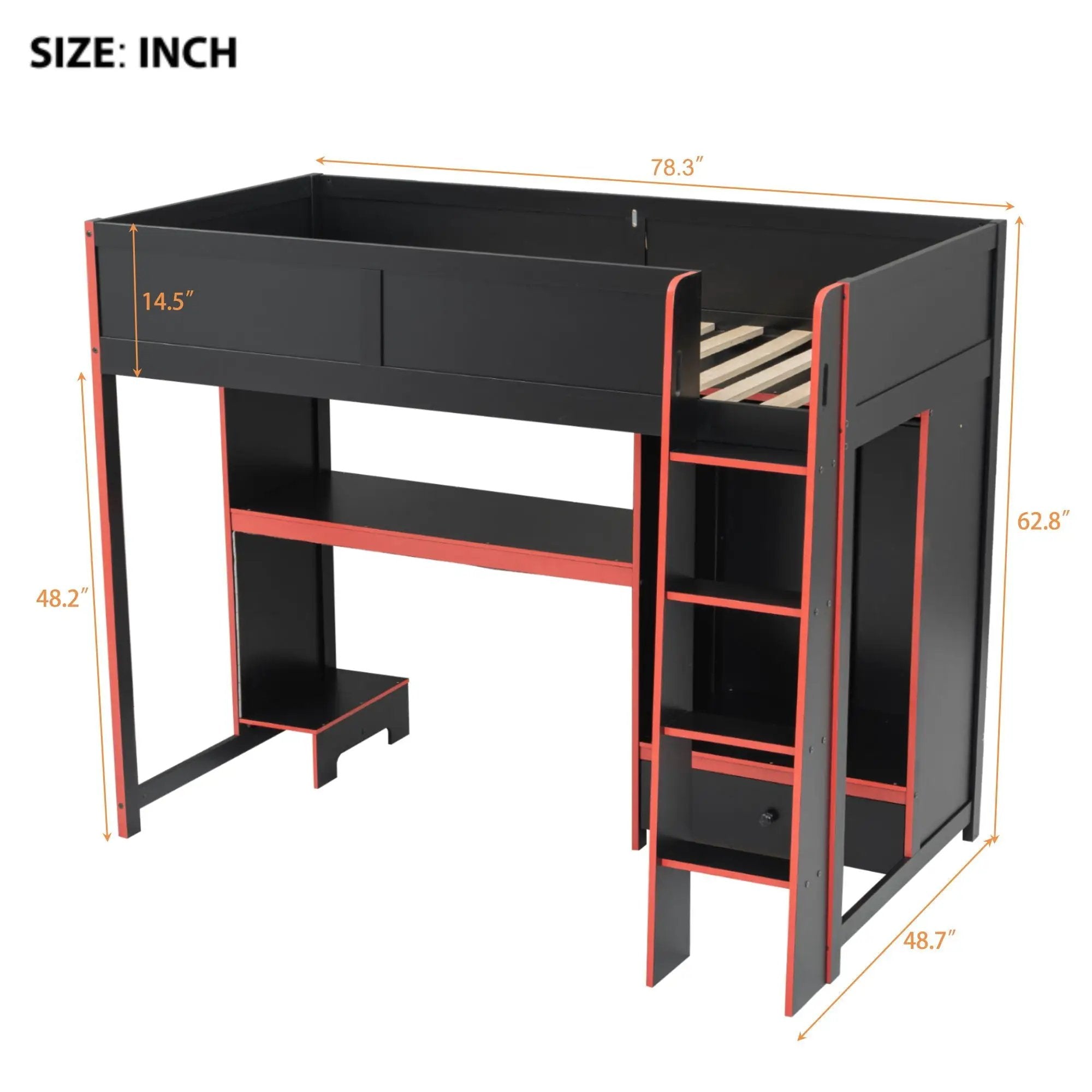 Gaming Loft Bed With Built In Desk, Wardrobe, LED Lighting And Drawer by Unique Piece Furniture
