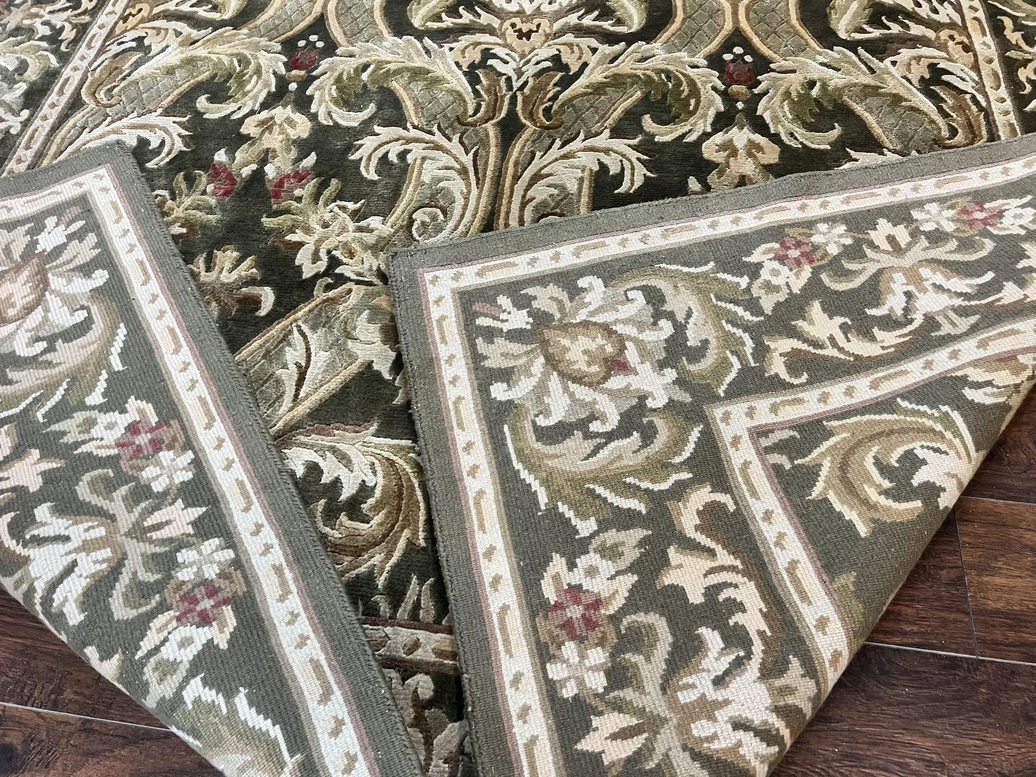Tibetan Rug 8x10, European Design, Floral, Green, Handmade, Wool, Nepali Rug by Jewel Rugs