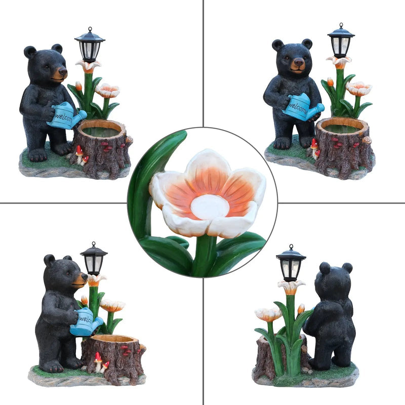 Standing Black Bear Garden Planter with Decorative Solar Lantern by HouseOfZazla