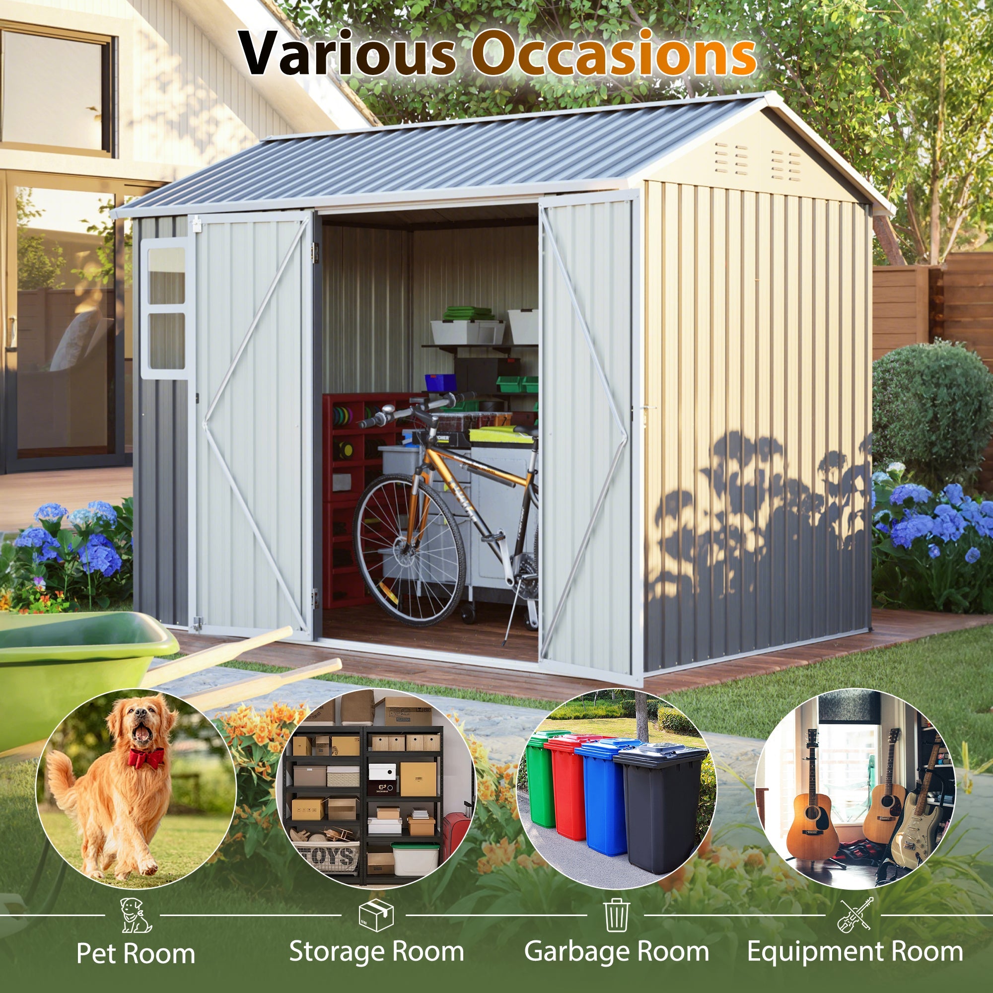 8'x6' Large Steel Storage Shed with Window, Lockable Doors & Sloped Roof by HouseOfZazla