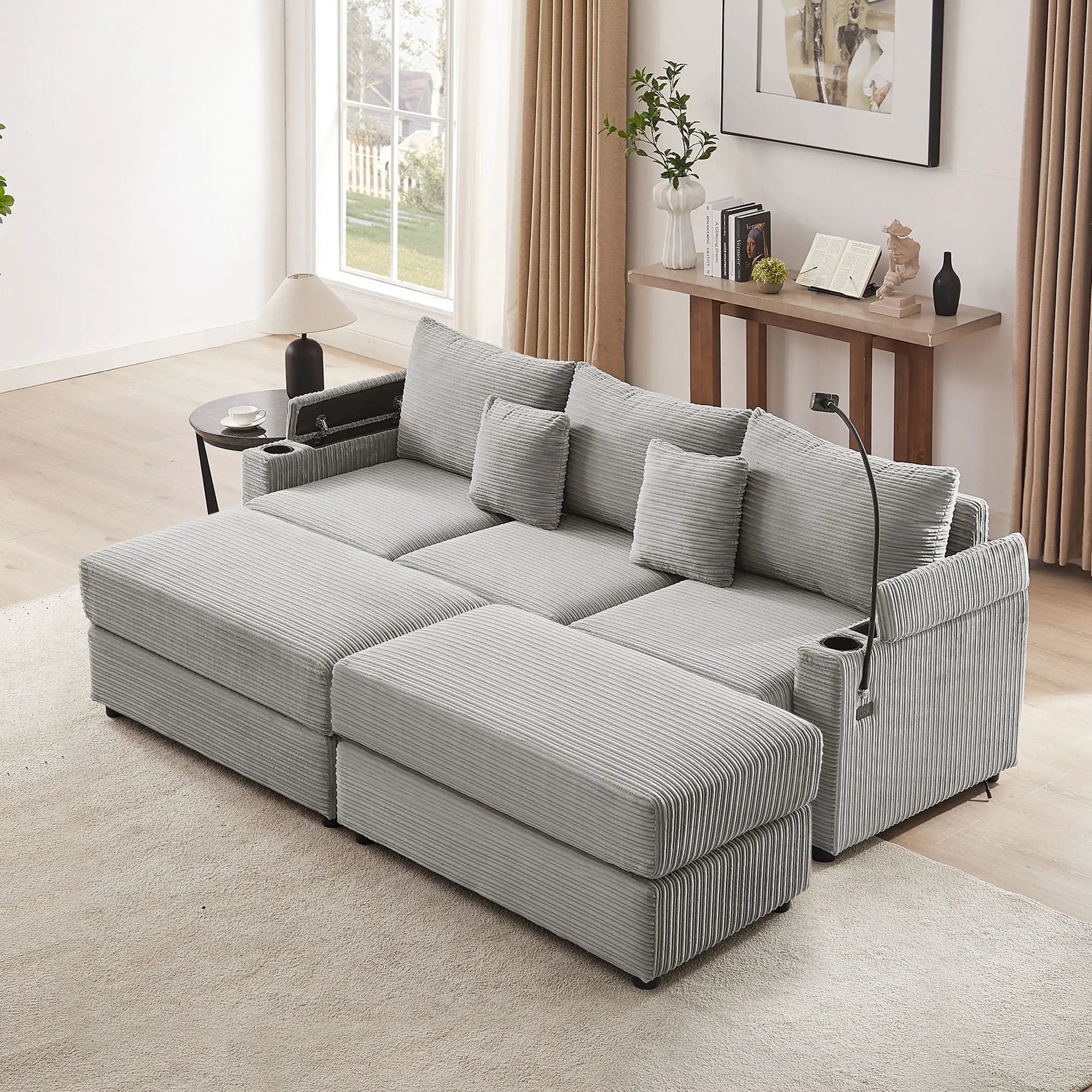 Modern Style Loveseat Sofa Sectional Sofa Couch With Storage Space, A Movable Ottoman, Two USB Ports, Two Cup Holders, A Phone Holder For Living Room by HouseOfZazla