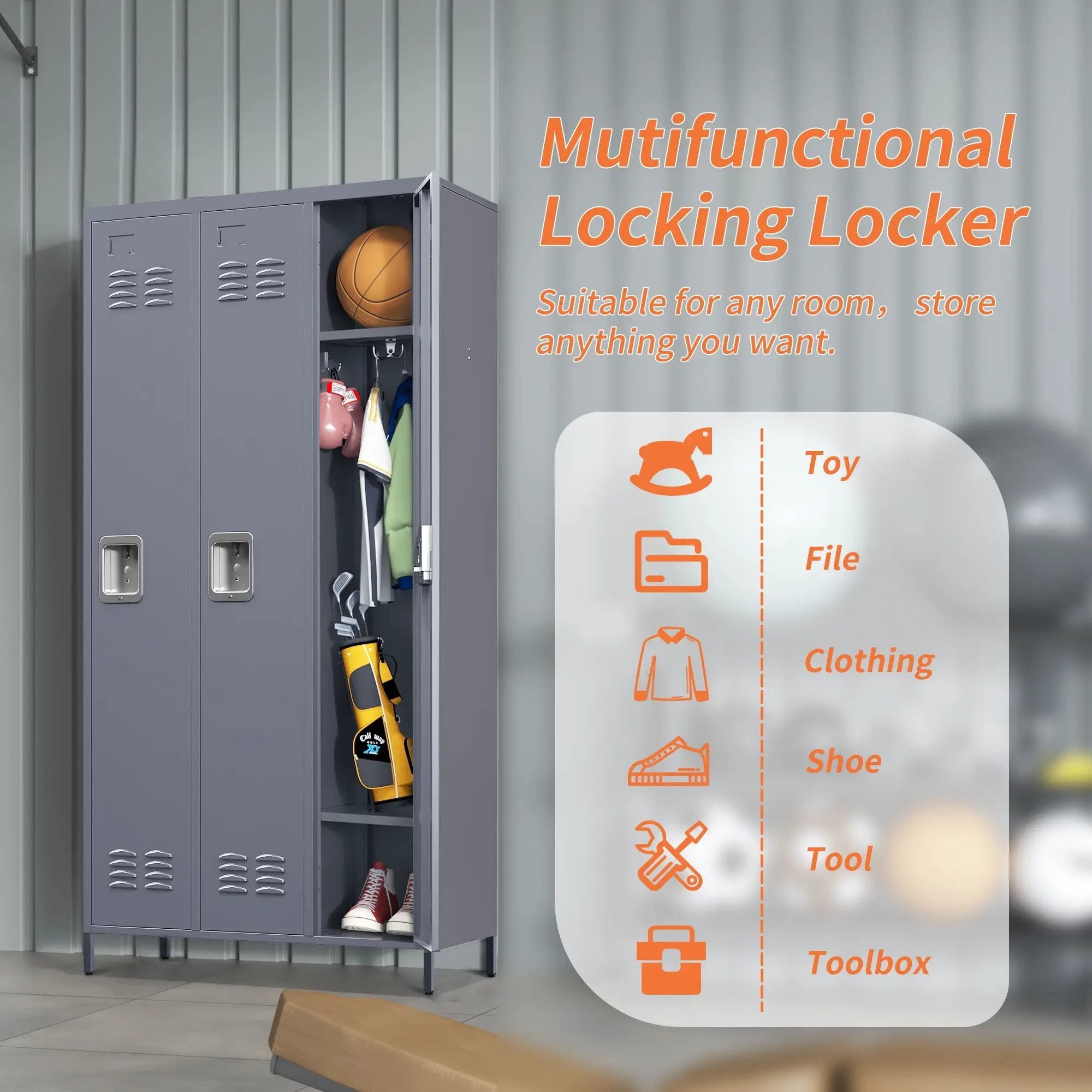 3 Door Lockers With Lock For Home, Gym, Office, School, And Garage - Gray by HouseOfZazla