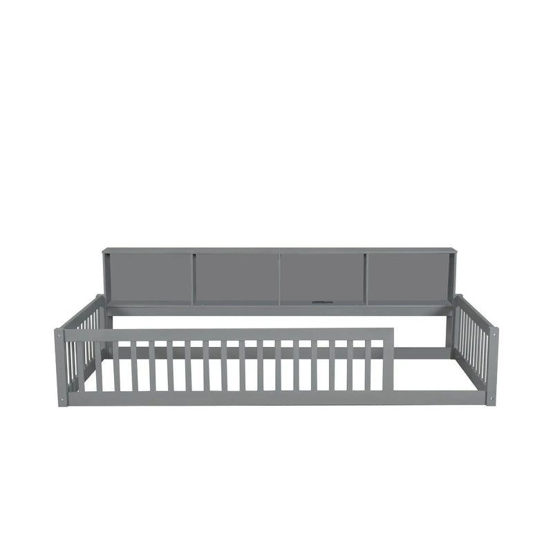 Twin Long Floor Bed With Storage Cabinets And USB Ports - Gray by HouseOfZazla