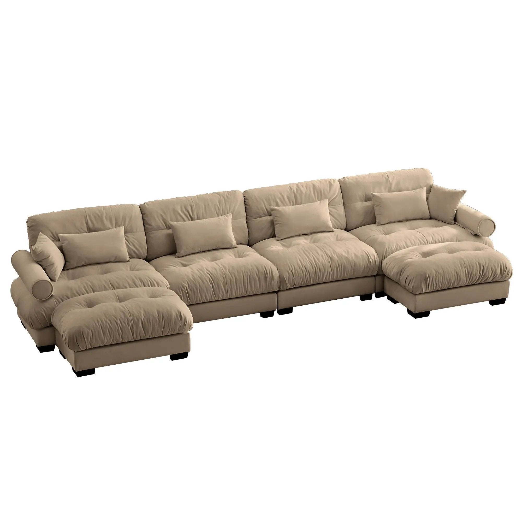 Modern Sectional Sofa With Ottoman, Round Bolster Armrests, Waist And Throw Pillows by Unique Piece Furniture