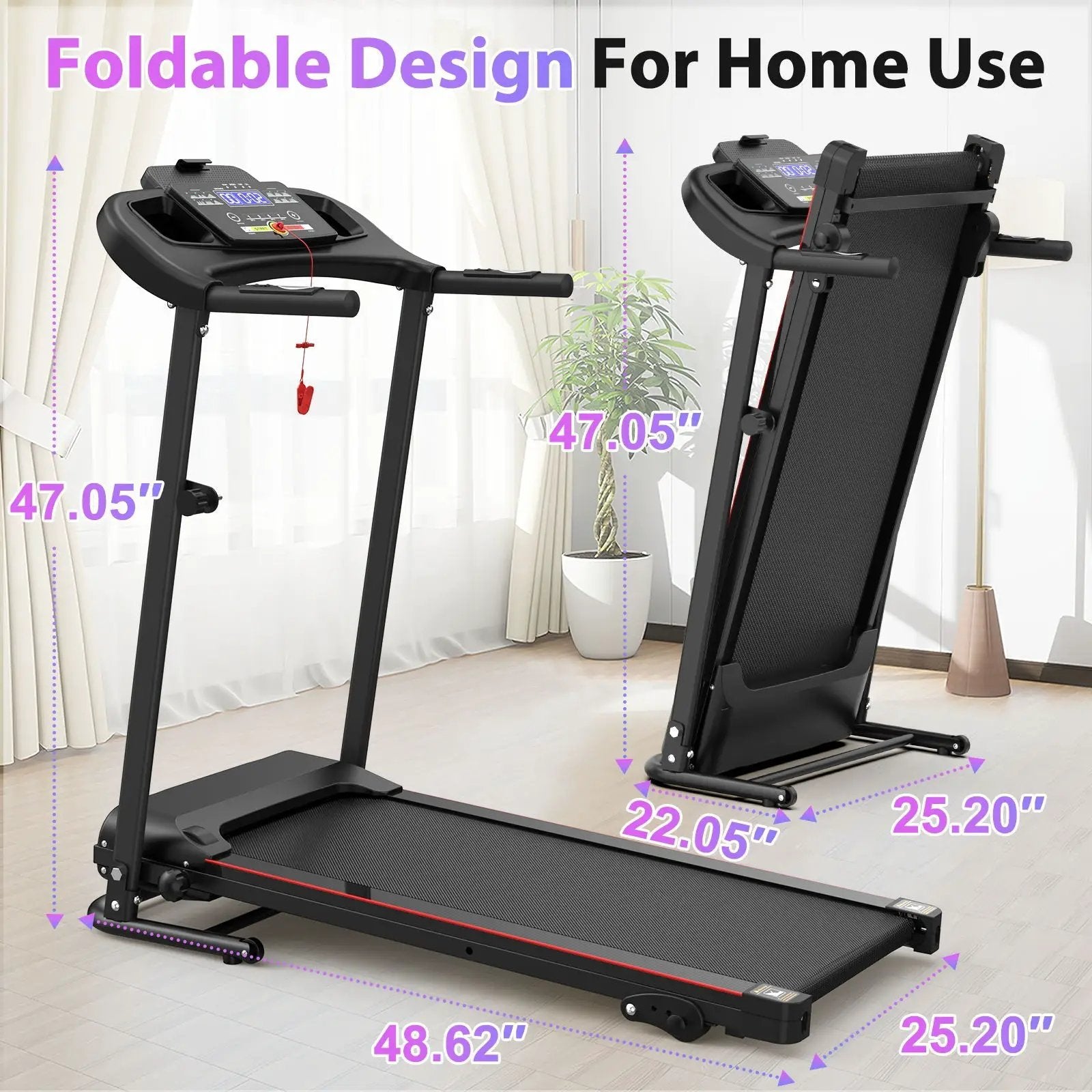 Foldable Electric Treadmill With 2.5Hp Motor, 12Km / H Speed, 3 Incline Levelstooth Music, Heart Rate Sensor, Spacious Running Belt For Indoor - Black by HouseOfZazla