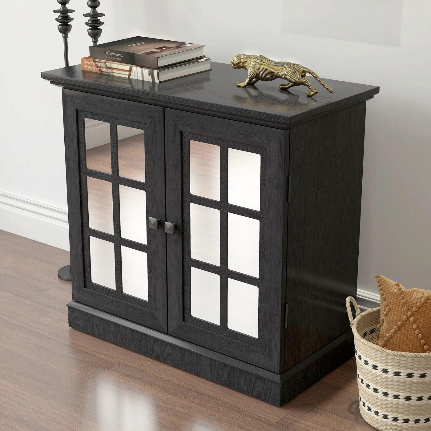 Sideboard Cabinet With Mirrored Doors, Adjustable Shelf, Metal Handles by HouseOfZazla