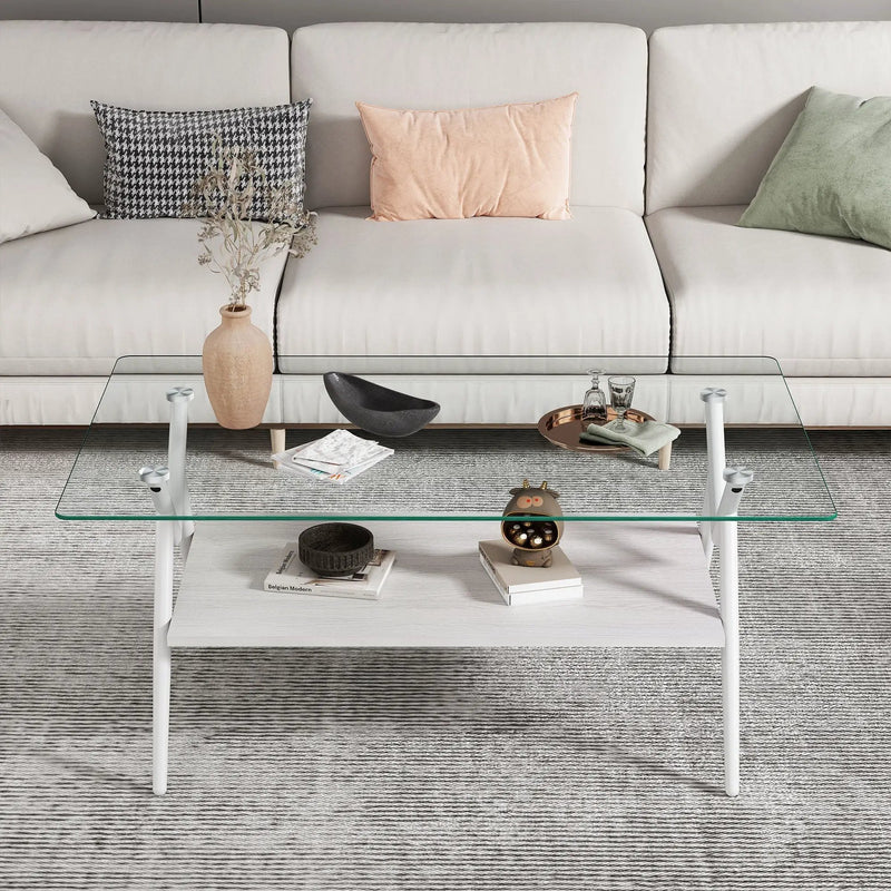 Rectangle Coffee Table With Tempered Glass Top And Shelf by HouseOfZazla