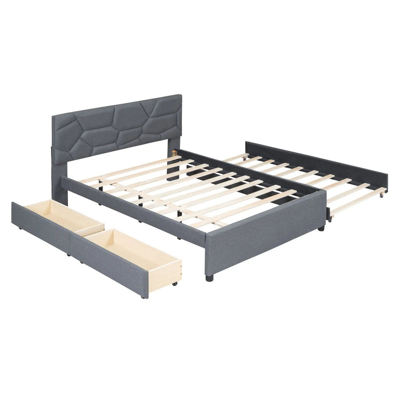 Upholstered Platform Bed With Brick Pattern Headboard And Twin Long Size Trundle by HouseOfZazla