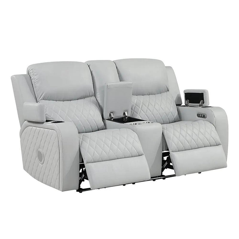 Elonzo - Power Motion Loveseat With Console, LED, Power Headrest & Speaker - Light Gray by Unique Piece Furniture