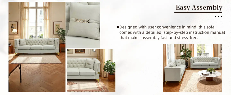 Modern Tufted Velvet Sofa with Gold Accents, 3-Seater by HouseOfZazla