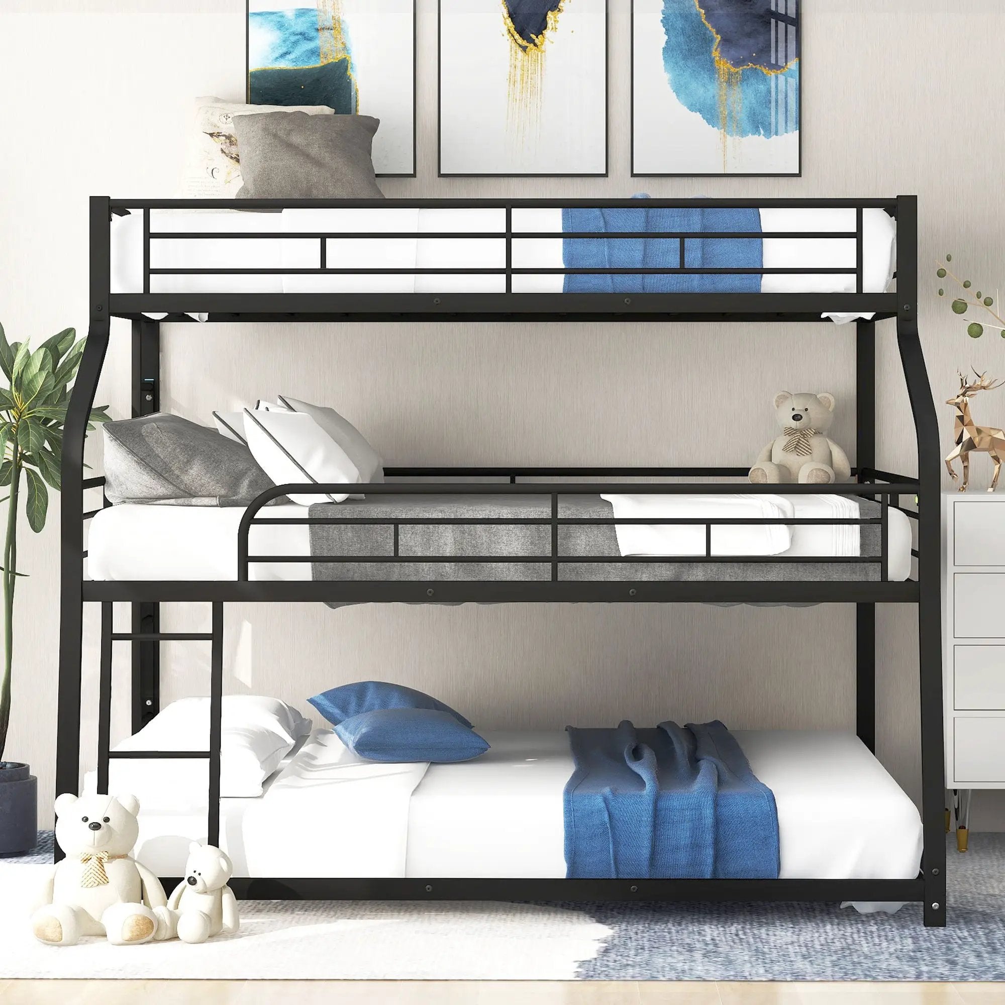 Twin Long / Full Long / Queen Triple Bunk Bed With Long And Short Ladder And Full-Length Guardrails - Black by Unique Piece Furniture