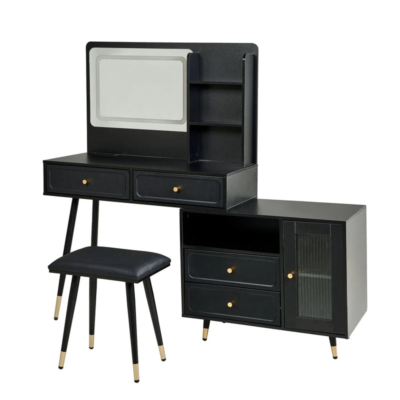 Modern Makeup Vanity Desk With Mirror And Lights Retractable Design Engineered Wood - Black by Unique Piece Furniture