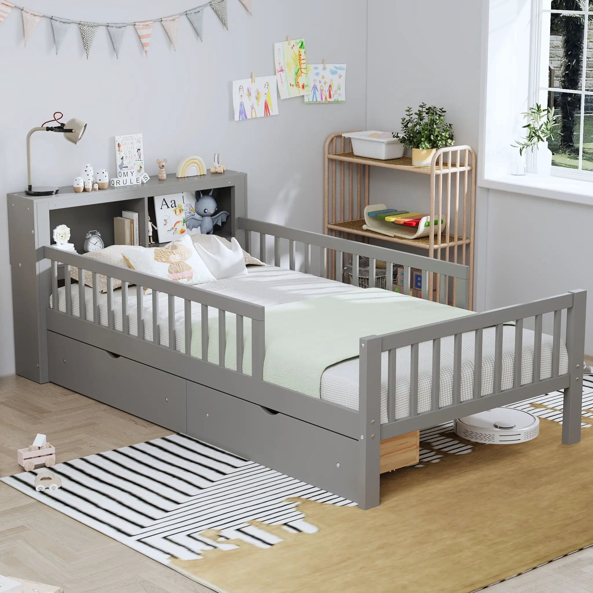 Bed With Headboard Storage Rack, 2 Under Bed Drawers, 3 Side Guardrails For Safety by Unique Piece Furniture