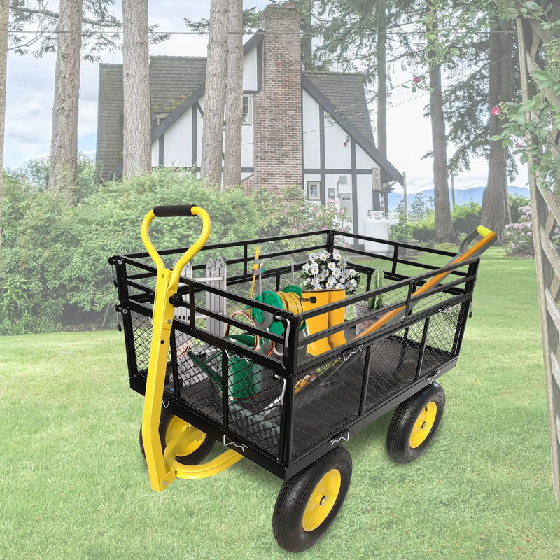 Steel Garden Cart, Heavy Duty 1400 Lbs Capacity, With Removable Mesh Sides To Convert Into Flatbed, Utility Metal Wagon With 2-In-1 Handle And 16 In Tires, Perfect For Garden, Farm, Yard - Black by HouseOfZazla