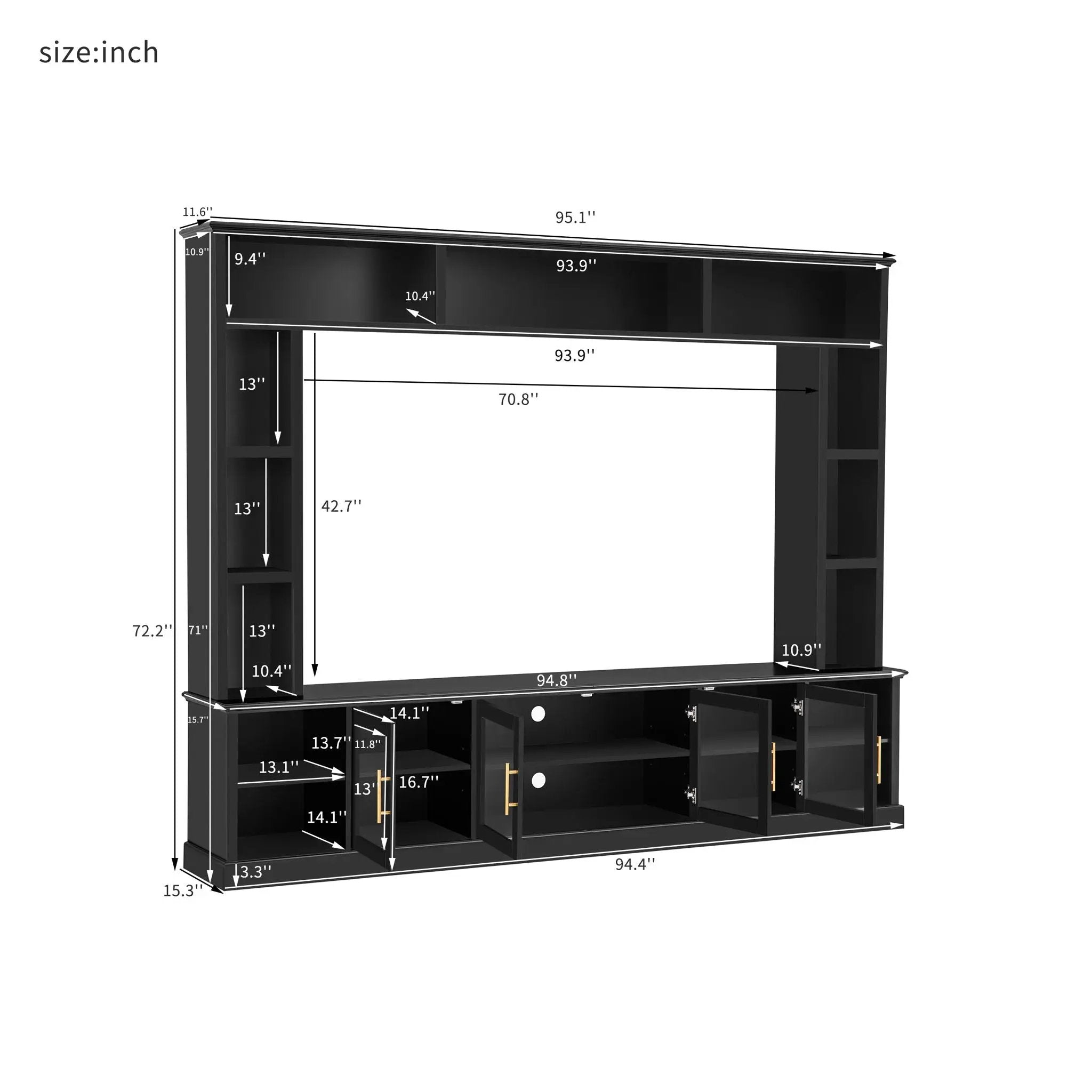 All-In-One Entertainment Center With Bookshelves & Tempered Glass Doors, TV Console Unit For Living Room by Unique Piece Furniture