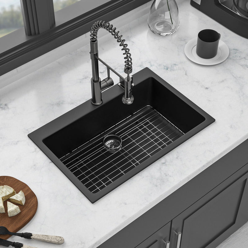 Kitchen Sink Granite Composite Drop In Sink With Durable Material - Black by HouseOfZazla