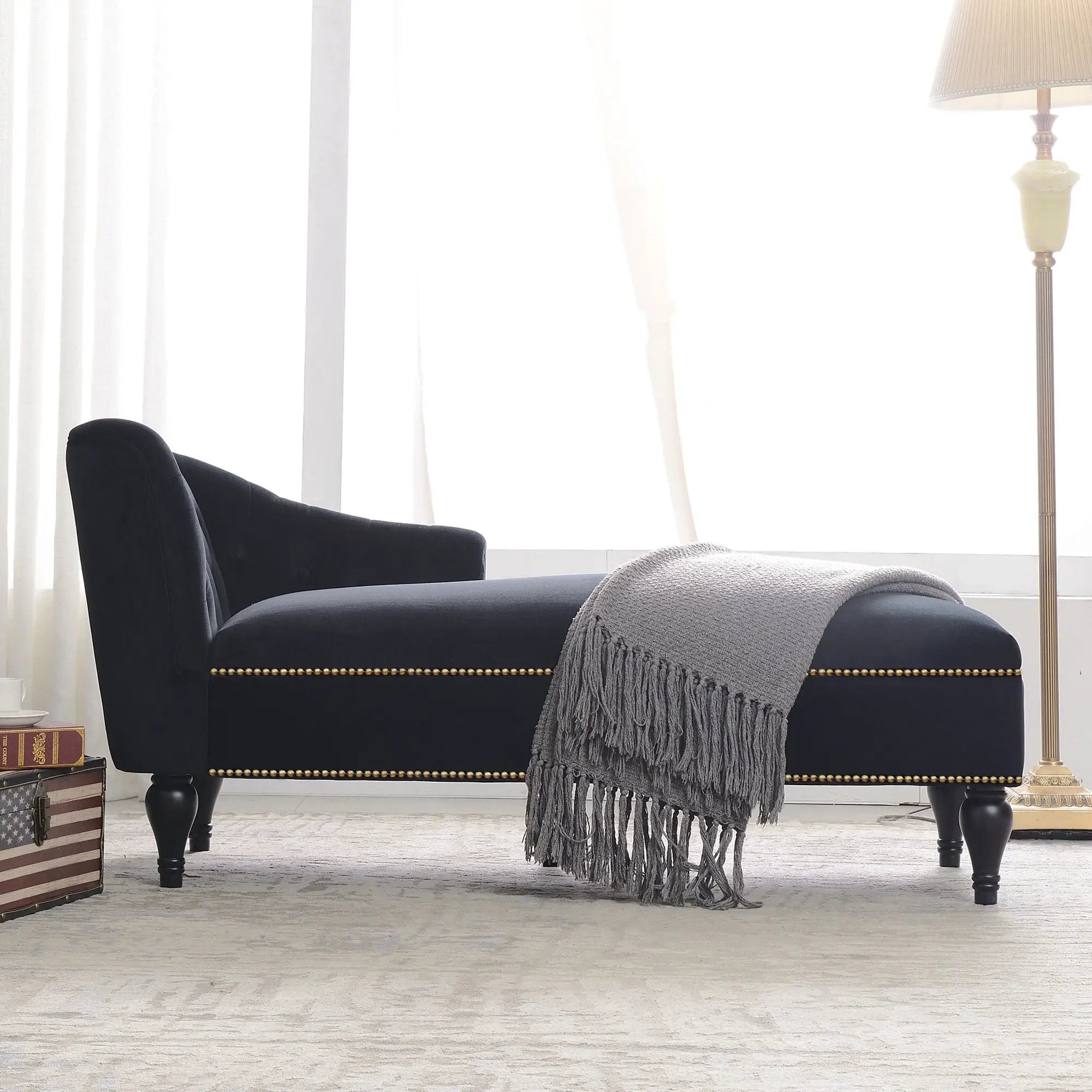 Velvet Chaise Lounge, Button Tufted Right Arm Facing Lounge Chair With Nailhead Trim For Living Room - Black by Unique Piece Furniture