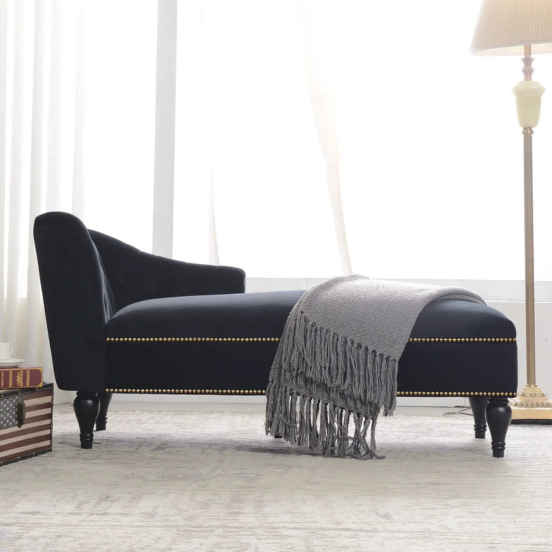 Velvet Chaise Lounge, Button Tufted Right Arm Facing Lounge Chair With Nailhead Trim For Living Room - Black by HouseOfZazla