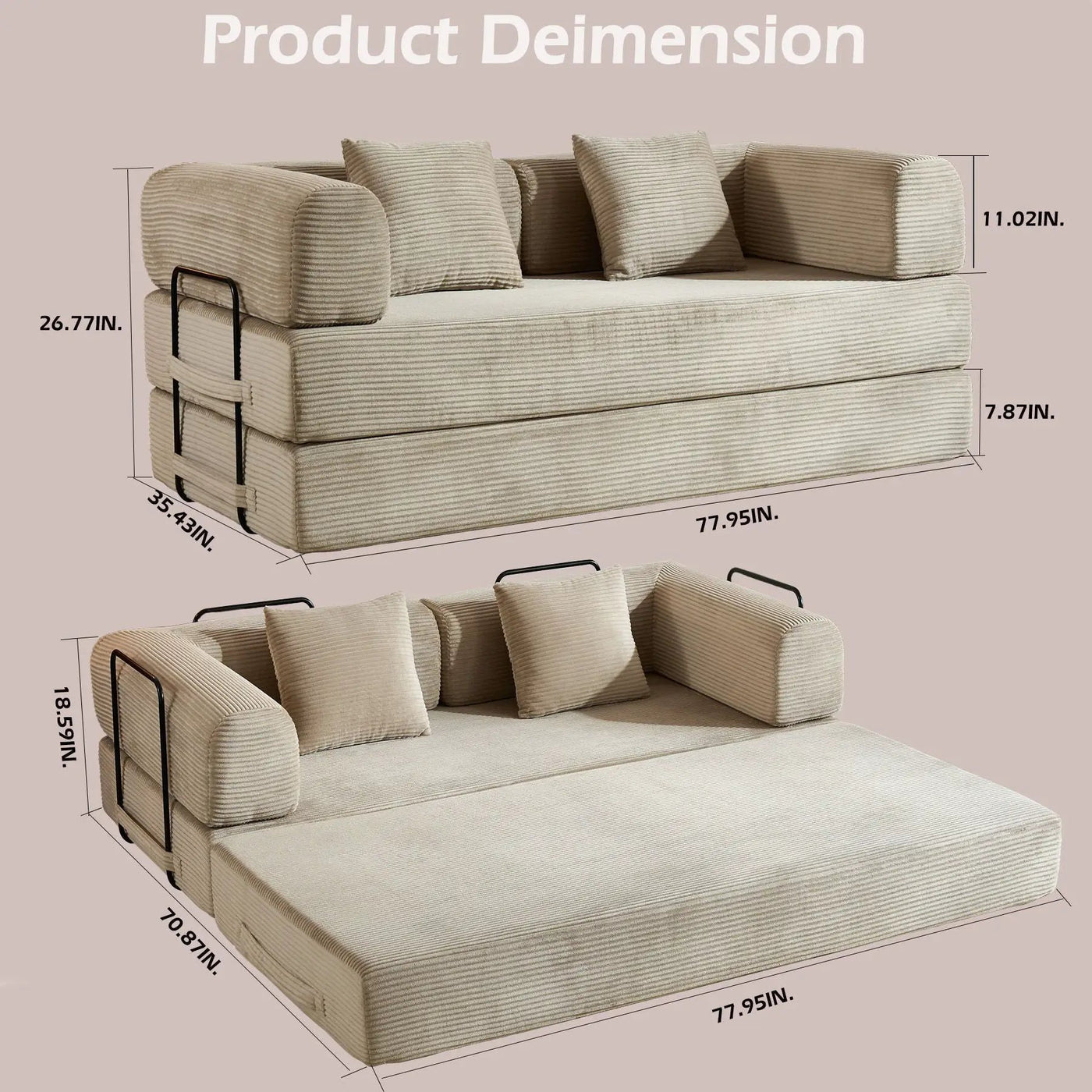 Convertible Sleeper Sofa Bed With Cylindrical Pillow, With Fixed Shape Frame by Unique Piece Furniture