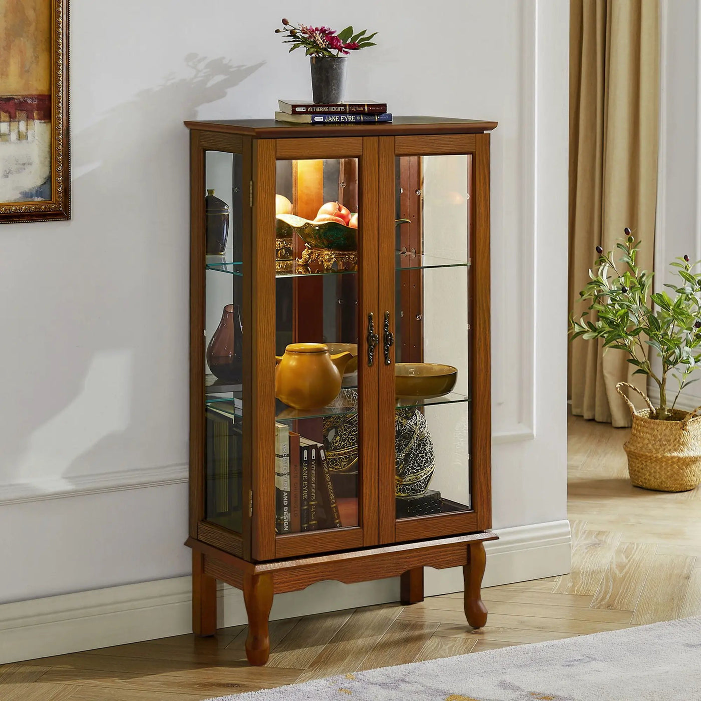 Curio Cabinet Lighted Curio Diapaly Cabinet With Adjustable Shelves And Mirrored Back Panel, Tempered Glass Doors (3 Tier), (E26 Light Bulb Not Included) by HouseOfZazla