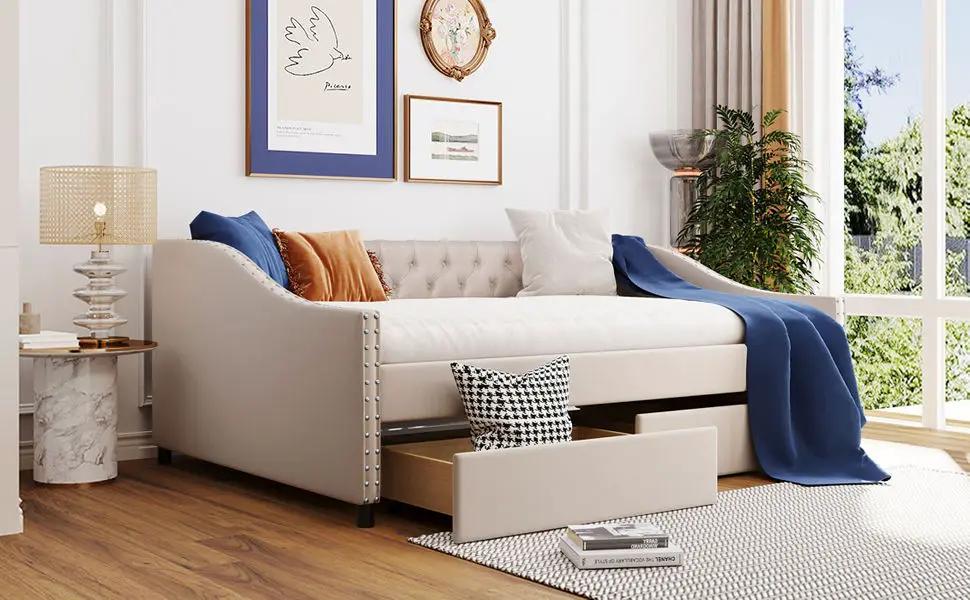 Upholstered Daybed With Two Drawers, Wood Slat Support by HouseOfZazla