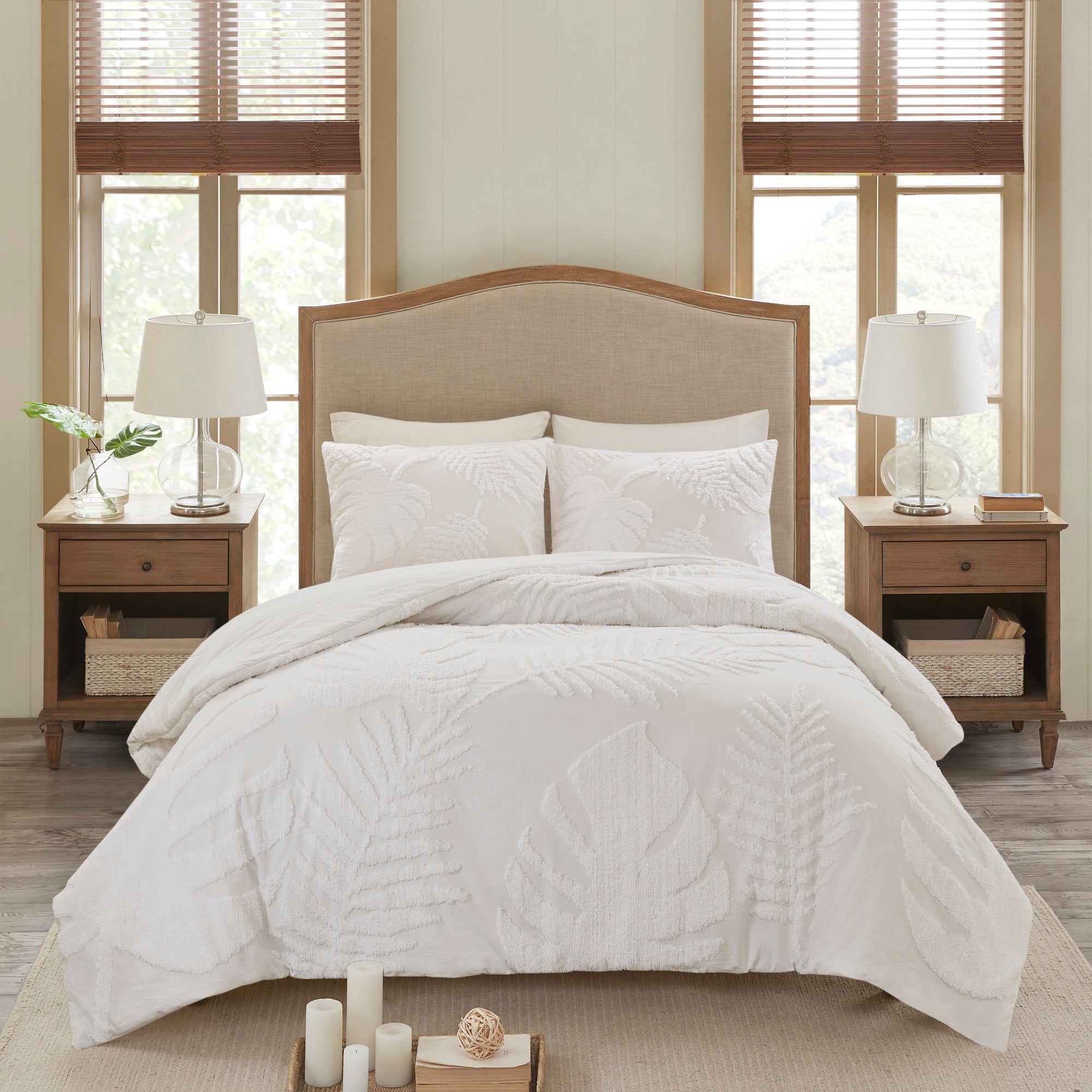 3 Piece Tufted Cotton Chenille Palm Comforter Set Off-White King/Cal King by HouseOfZazla
