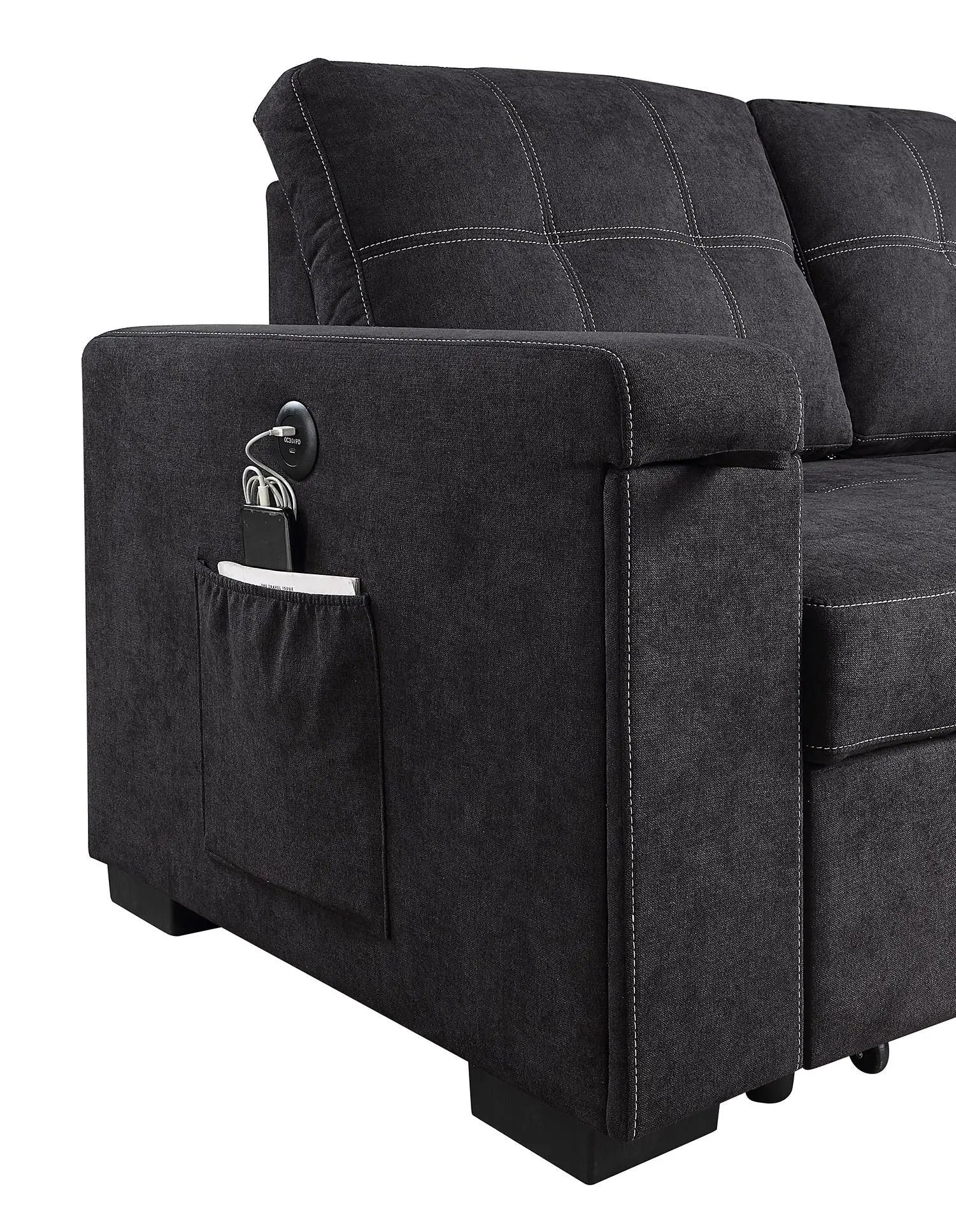 Toby - Woven Fabric Reversible Sleeper Sectional Sofa With Storage Chaise Cup Holder Charging Ports And Pockets by Unique Piece Furniture