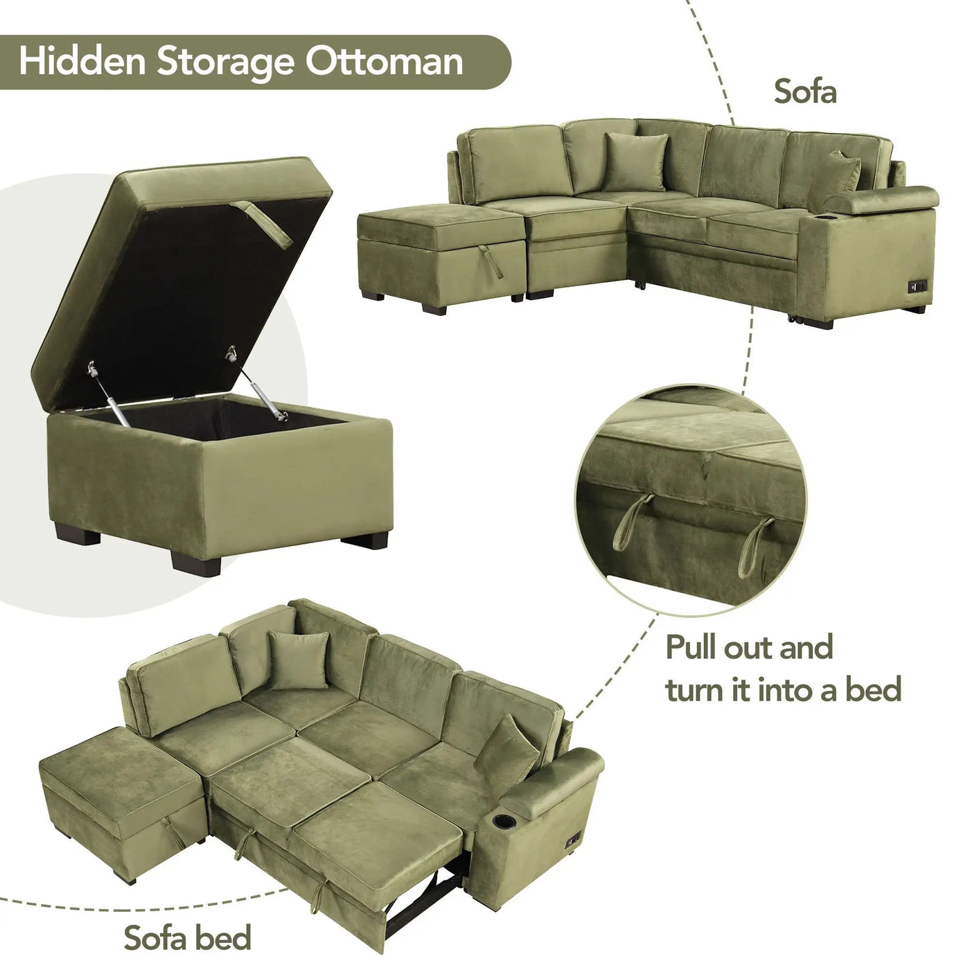 Sleeper Sofa Bed, 2 In 1 Pull Out Sofa Bed L Shape Couch With Storage Ottoman For Living Room, Bedroom Couch And Small Apartment by Unique Piece Furniture