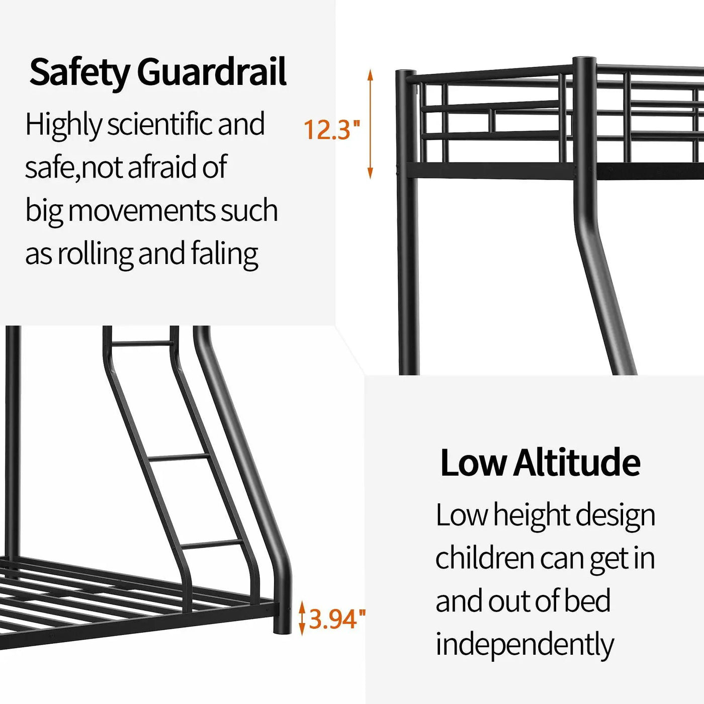 Bunk Bed Frame With Ladder And Guardrail, Heavy Duty Noise Free Design Metal Construction by HouseOfZazla