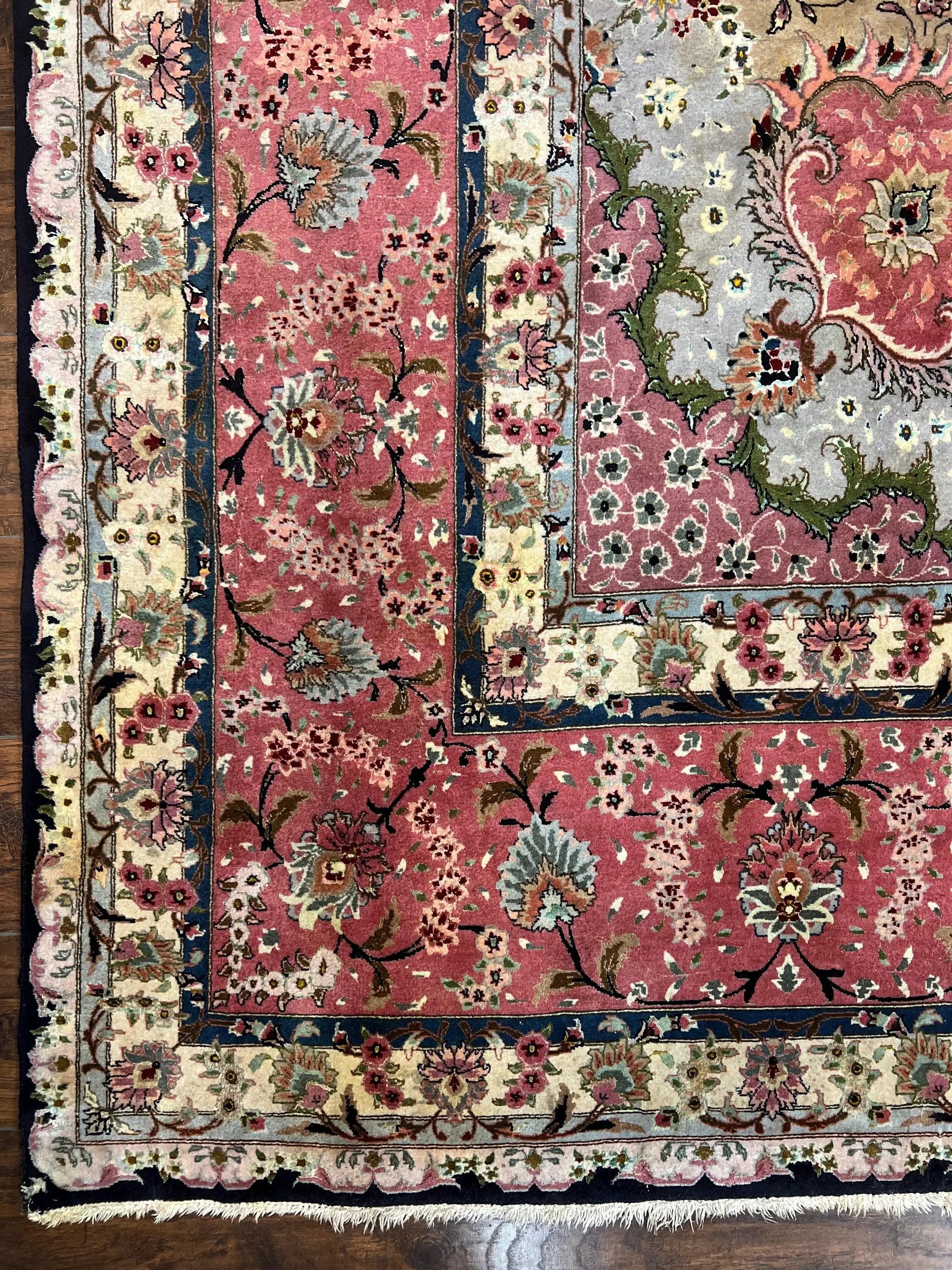 Magnificent Persian Tabriz Rug 11x16, Oversized Persian Carpet 11 x 16 ft, Wool on Silk Finely Hand Knotted, 450 KPSI, Floral Medallion, Black Pink by Jewel Rugs