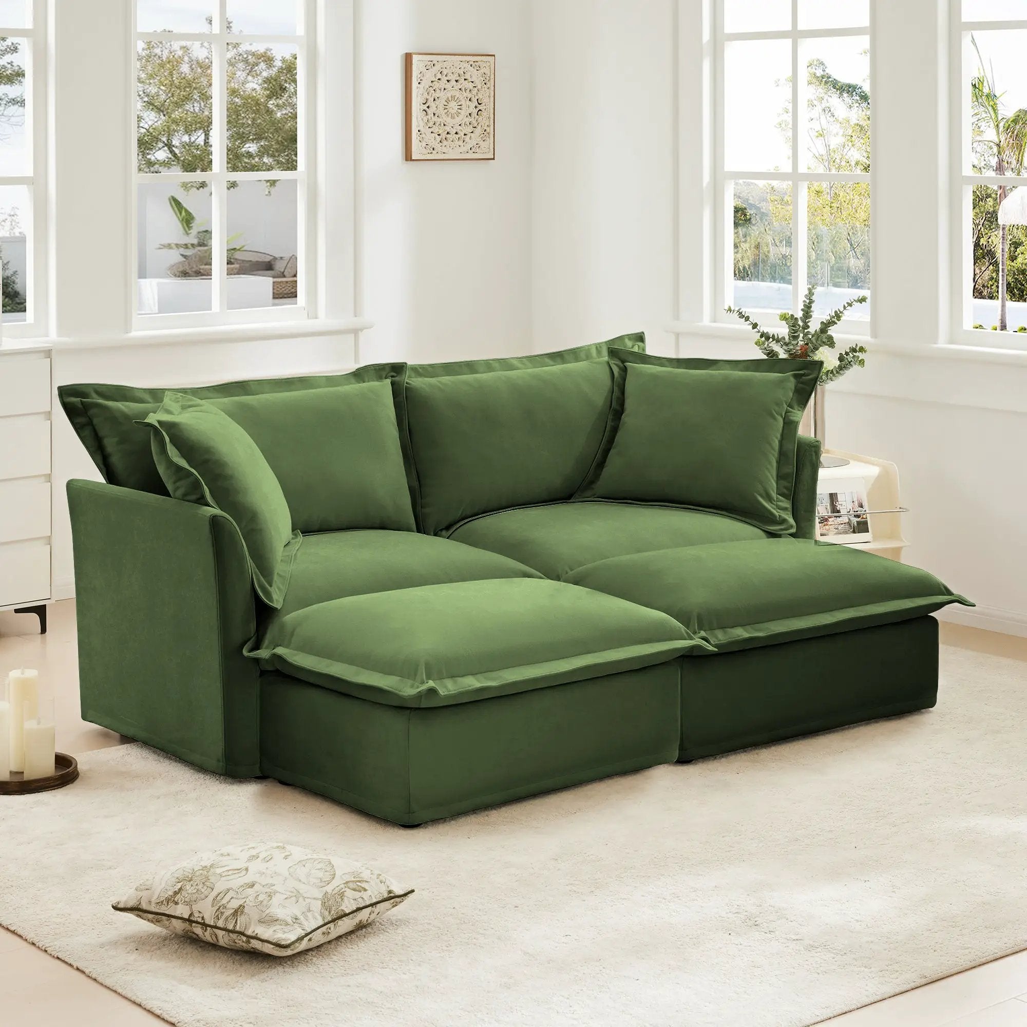 Slipcovered Sofa 2 Seater Sofa with 2 Ottomans by HouseOfZazla
