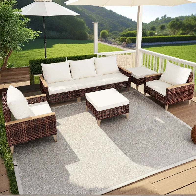 5 Piece Rattan Terrace Furniture Set, 7 Seats Cushions, High Footed Design by HouseOfZazla