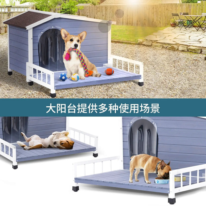 Large Wooden Dog House Indoor Outdoor With Terrace And Open Waterproof Asphalt Roof, Outdoor Dog House With Raised Floor, Windows And Door Curtains, Suitable For Small And Medium Dogs - Gray by HouseOfZazla