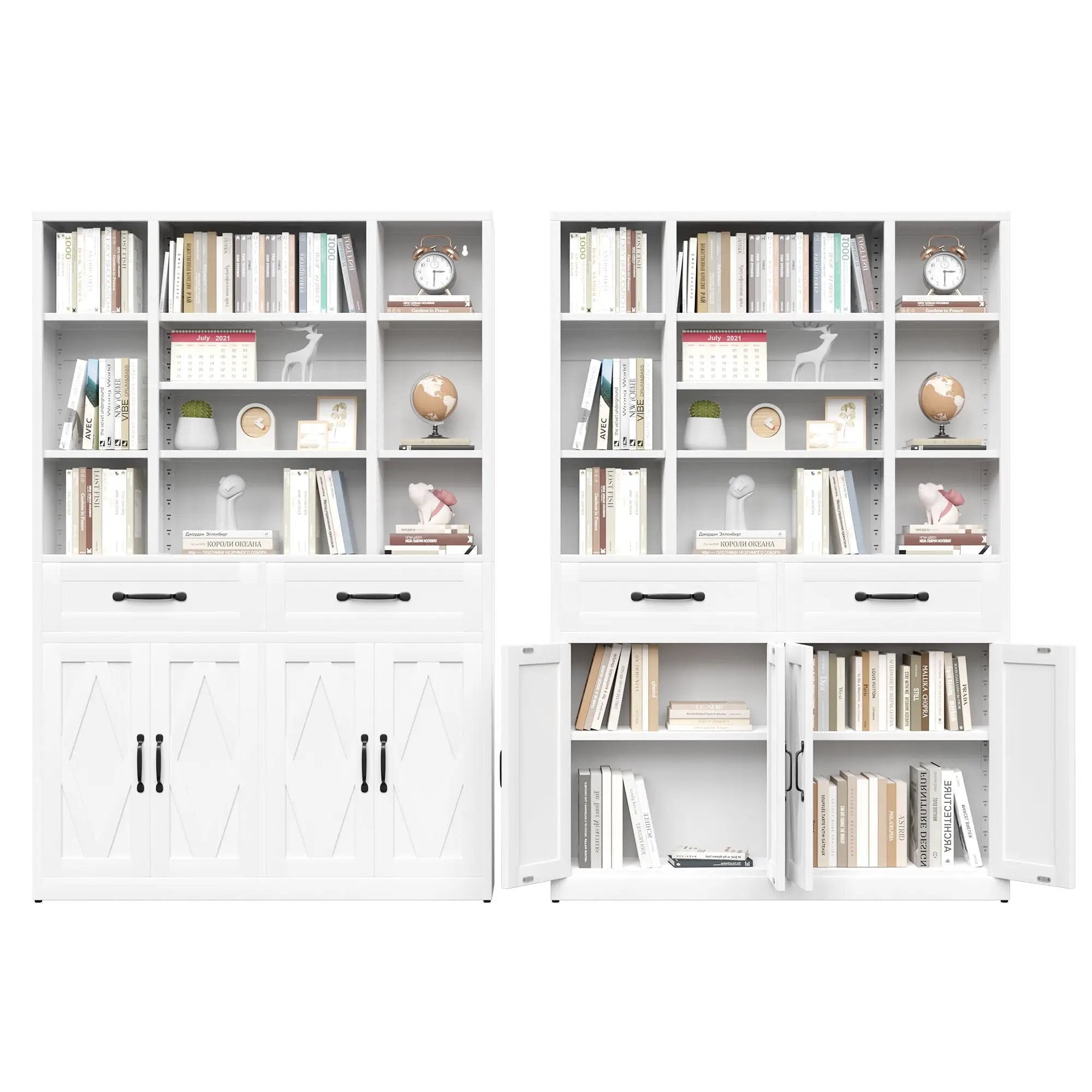 Industrial Bookcase Tall With Adjustable Shelves, Drawers & Doors