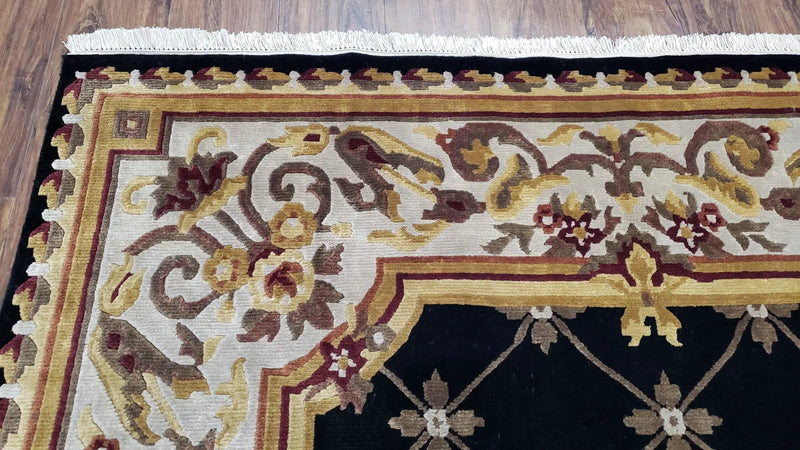 6x9 Nepalese Rug, Aubusson Savonnerie Area Rug 6 x 9 with Soft Pile, Hand-Knotted Wool Black & Beige Tibetan New Carpet European Design by Jewel Rugs