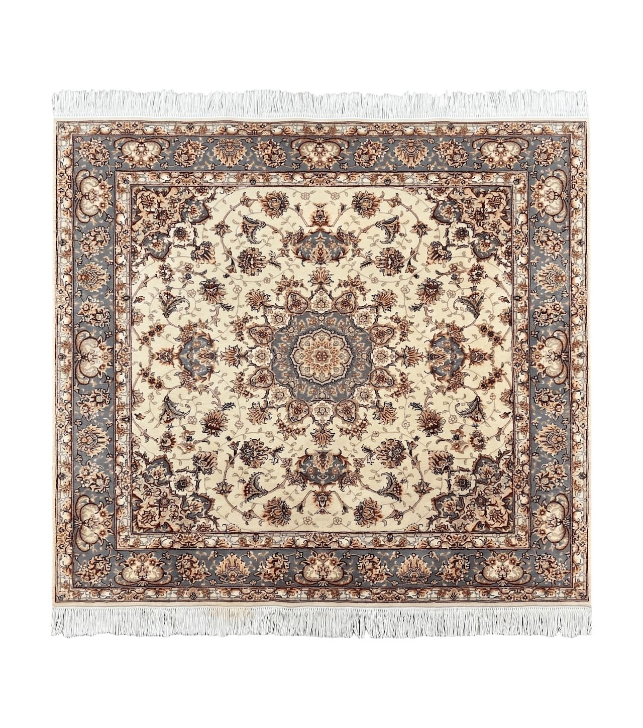 Sino Persian Square Rug 5x5, Very Fine Oriental Carpet, Wool & Silk Highlights, Ivory, Hand Knotted Handmade Vintage Traditional Rug by Jewel Rugs