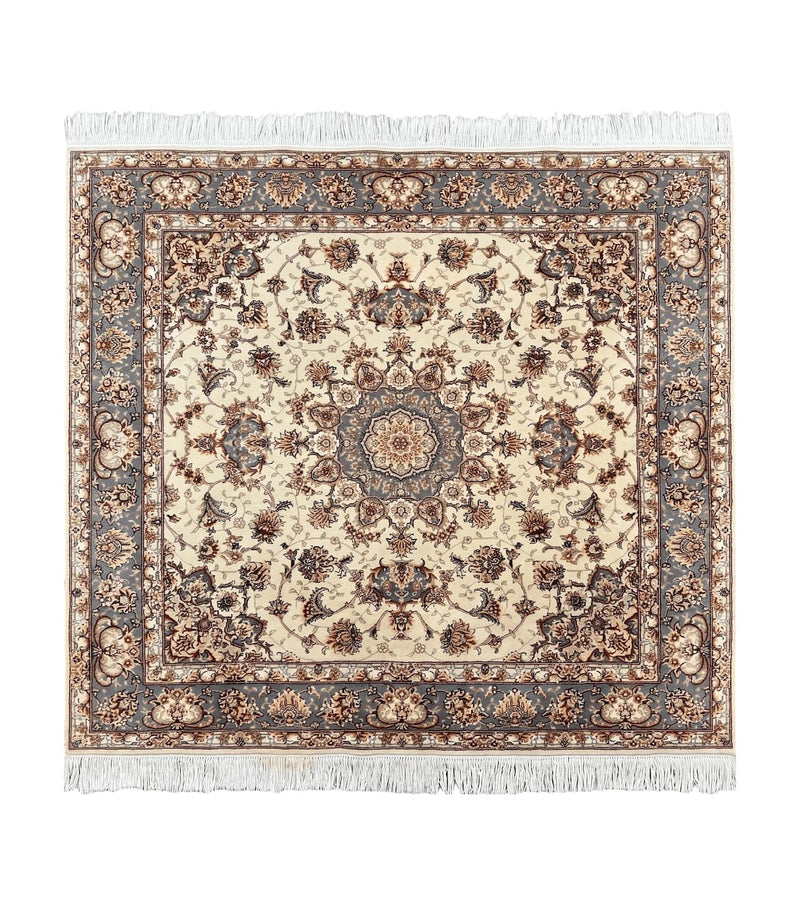 Sino Persian Square Rug 5x5, Very Fine Oriental Carpet, Wool & Silk Highlights, Ivory, Hand Knotted Handmade Vintage Traditional Rug by Jewel Rugs